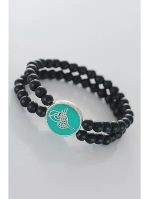 Yeşil Metal Üzerine Silver Osmanlı Tuğra Figürlü Siyah Renk Çift Sıra Doğal Taş Erkek Bileklik