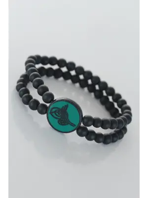 Yeşil Metal Üzerine Siyah Osmanlı Tuğra Figürlü Siyah Renk Çift Sıra Doğal Taş Erkek Bileklik