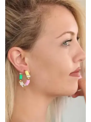 Yeşil Pembe Neon Taşlı Bayan Küpe