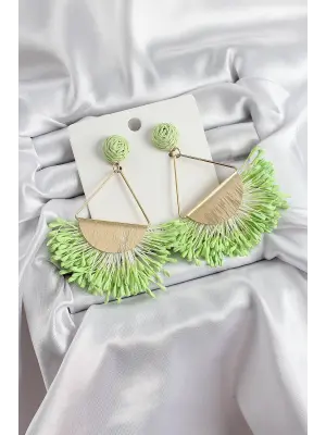 Yeşil Püsküllü Yelpaze Figürlü Hasır Örgü Model Sallantılı Gold Renk Kadın Küpe