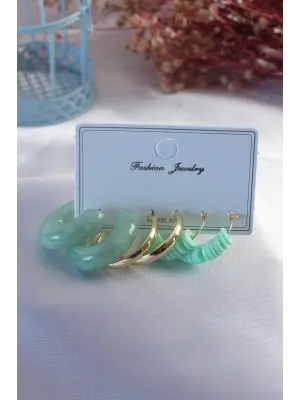 Yeşil Renk Boncuk Halka Model Kadın Küpe Seti