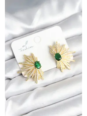 Yeşil Taş Detaylı Zirkon Taşlı Gold Renk Pirinç Kadın Küpe