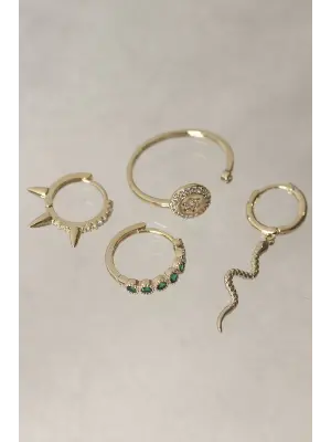 Yeşil Zirkon Taş Detaylı Yılan Model Küpe ve Yüzük Seti