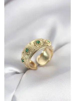 Yeşil Zirkon Taşlı Gold Renk Vintage Kadın Yüzük