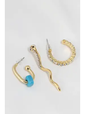 Yılan Figürlü Mavi Taş Detaylı Altın Renk Zirkon Taşlı Küpe Seti