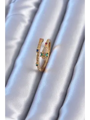 Yılan Model Altın Zirkon Taşlı  Çelik Yüzük