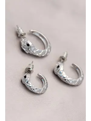 Yılan Tasarımlı Halka Model Gümüş Metal Küpe Seti