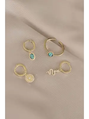 Yılan Tasarımlı Mavi Taşlı Küpe Yüzük Seti