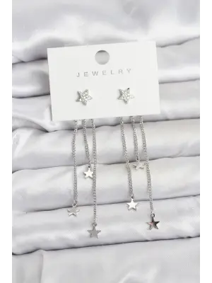 Yıldız Model Gümüş Renk Pirinç Sallantılı Kadın Küpe