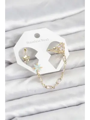 Yıldız Model Çelik Gold Renk Zincir Bağlantılı Ear Cuff Küpe Seti