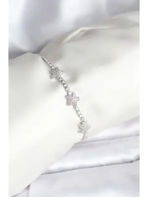 Yıldız Model Zirkon Taşlı Gümüş Renk Çelik Su Yolu Kadın Bileklik