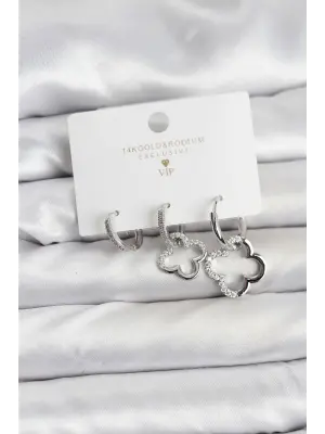 Yonca Model Gümüş Renk Pirinç 3lü Kadın Küpe Seti