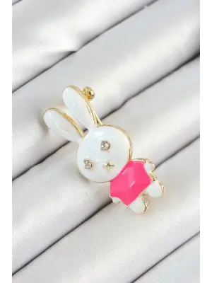 Zirkon Taş Detaylı Beyaz Ve Pembe 3D Tavşan Figürlü Kadın Broş