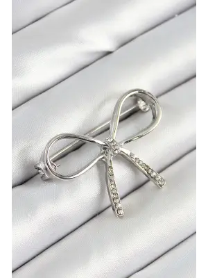 Zirkon Taş Detaylı Fiyonk Figürlü Gümüş Renk Kadın Broş