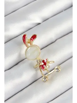Zirkon Taş Detaylı Kırmızı 3D Scooter Süren Tavşan Kız Figürlü Gold Renk Kadın Broş