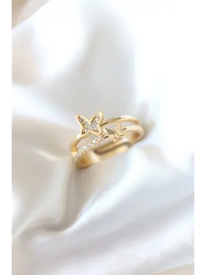 Zirkon Taşlı Altın Kaplama Kelebek Çelik Yüzük