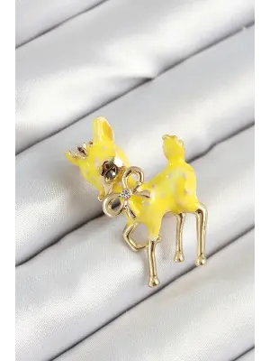 Zirkon Taşlı Fiyonk Detaylı 3D Sarı Ceylan Figürlü Gold Renk Kadın Broş