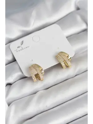 Zirkon Taşlı Gold Renk Kadın Küpe