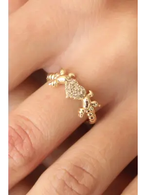 Zirkon Taşlı Gold Renk Kalp ve Kuş Figürlü Ayarlanabilir Kadın Yüzük
