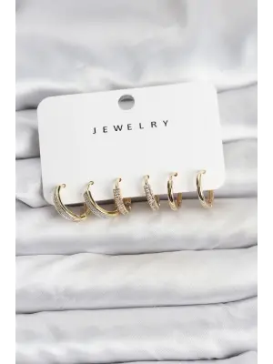 Zirkon Taşlı Gold Renk Pirinç Kadın Küpe Seti