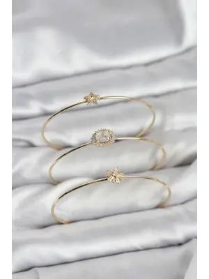 Zirkon Taşlı Gold Renk Tek Taş Model 3lü Kadın Bileklik Kombini