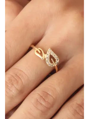 Zirkon Taşlı Gold Renk Yaprak Model Kadın Yüzük