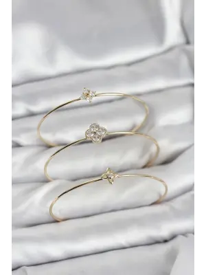 Zirkon Taşlı Gold Renk Yonca Tasarım 3lü Kadın Bileklik Kombini