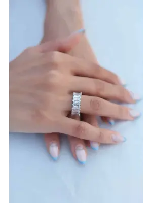 Zirkon Taşlı Gümüş Baget Çelik Yüzük