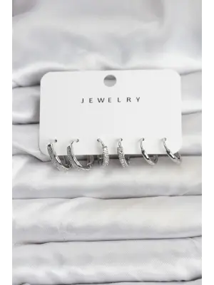 Zirkon Taşlı Gümüş Renk Pirinç Kadın Küpe Seti