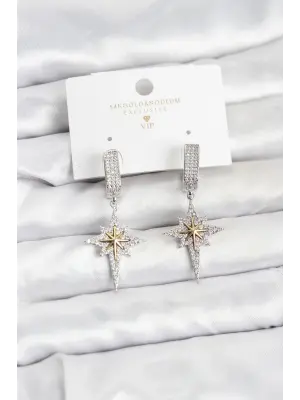 Zirkon Taşlı Gümüş Renk Pirinç Kutup Yıldızı Model Kadın Küpe