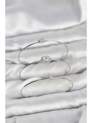 Zirkon Taşlı Gümüş Renk Tek Taş Model 3lü Kadın Bileklik Kombini