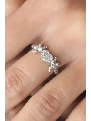 Zirkon Taşlı Kalpli Kuş Figürlü Ayarlanabilir Kadın Yüzük