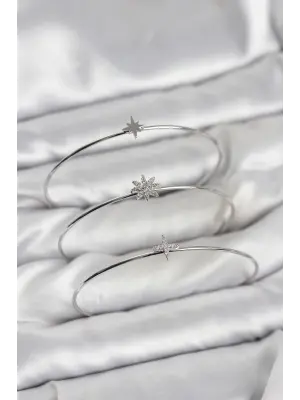 Zirkon Taşlı Kutup Yıldızı Model Gümüş Renk 3lü Kadın Bileklik Kombini