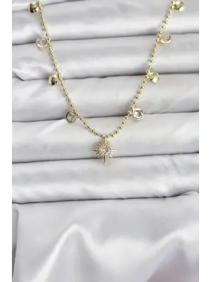 Zirkon Taşlı Kutup Yıldızı Model Pirinç Gold Renk Kadın Kolye