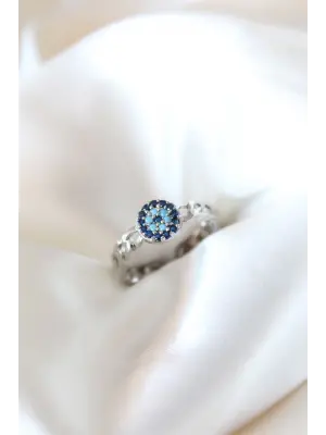 Zirkon Taşlı Nazarlı Gümüş Kaplama Çelik Yüzük