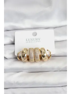 Zirkon Taşlı Pirinç Gold Renk Halka Kadın Küpe Seti Yıldız Detay