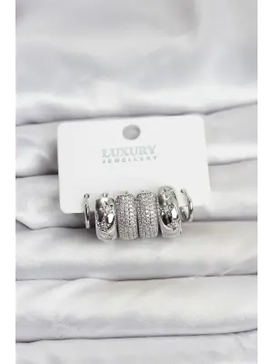 Zirkon Taşlı Pirinç Gümüş Renk Yıldız Detay Halka Kadın Küpe Seti