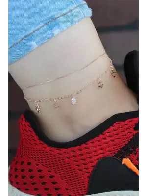 Zirkon Taşlı Rose Renk Çift Zincirli Hal Hal