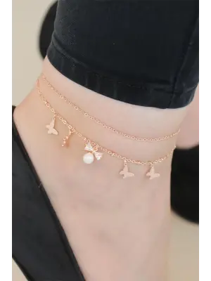 Zirkon Taşlı Rose Renk Çift Zincirli İncili Kelebek Hal Hal