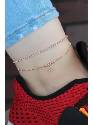 Zirkon Taşlı Rose Renk Kaplama Çift Zincirli Hal Hal