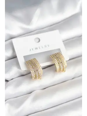 Zirkon Taşlı Şerit Model Gold Renk Pirinç Kadın Küpe
