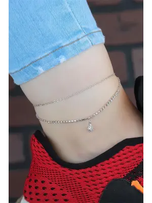 Zirkon Taşlı Silver Renk Çift Zincir Hal Hal