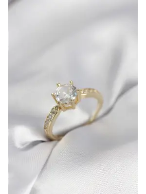 Zirkon Taşlı Tek Taş Model Gold Renk Kadın Yüzük