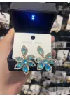 Mavi Taşlı Çiçek Model Abiye Sallantılı Küpe