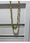 Çift 2 Zincirli Gold Renk Taşsız Kelebek Motifli Sarkıtmalı Uzun Kolye