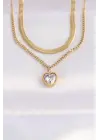  2li Zincir Altın  Zirkon Taşlı Minimal Kalp Çelik Kolye