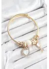 316L Çelik Beyaz Zirkon Taşlı Anahtar Ve Kalp Model Gold Renk Charm Bileklik