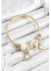 316L Çelik Beyaz Zirkon Taşlı Ayıcık Ve Kalp Model Gold Renk Charm Bileklik