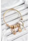 316L Çelik Beyaz Zirkon Taşlı Baykuş İstiridye Ve Anahtar Model Gold Renk Charm Bileklik