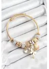 316L Çelik Beyaz Zirkon Taşlı Kalp Kelebek Ve İstiridye Model Gold Renk Charm Bileklik